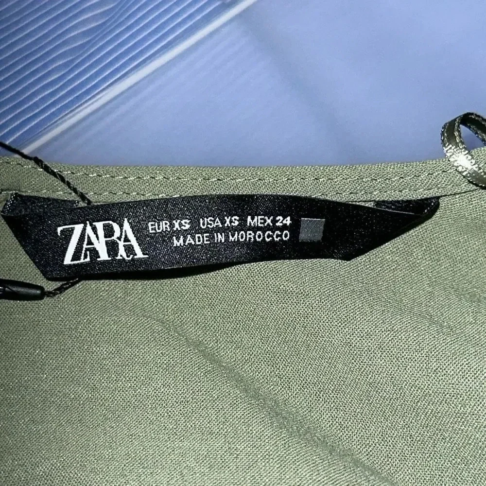 ZARA Dark Khaki Belted Wide Leg Jumpsuit XS NWT Wrap V Neck 3/4 Sleeve